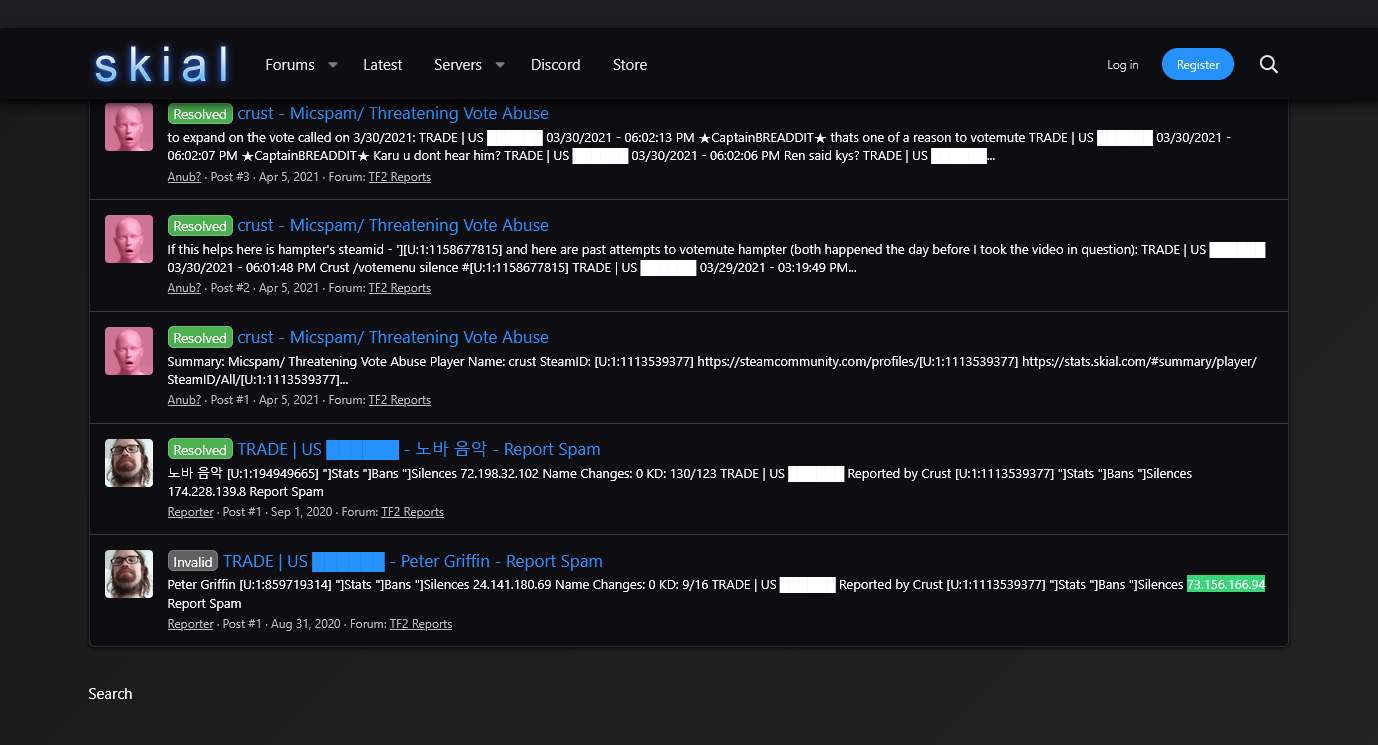 Skial Forum Log showing Crust IP